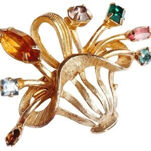Vintage Mid Century Floral Basket Brooch Gold Tone Rhinestone 1950s 1960s